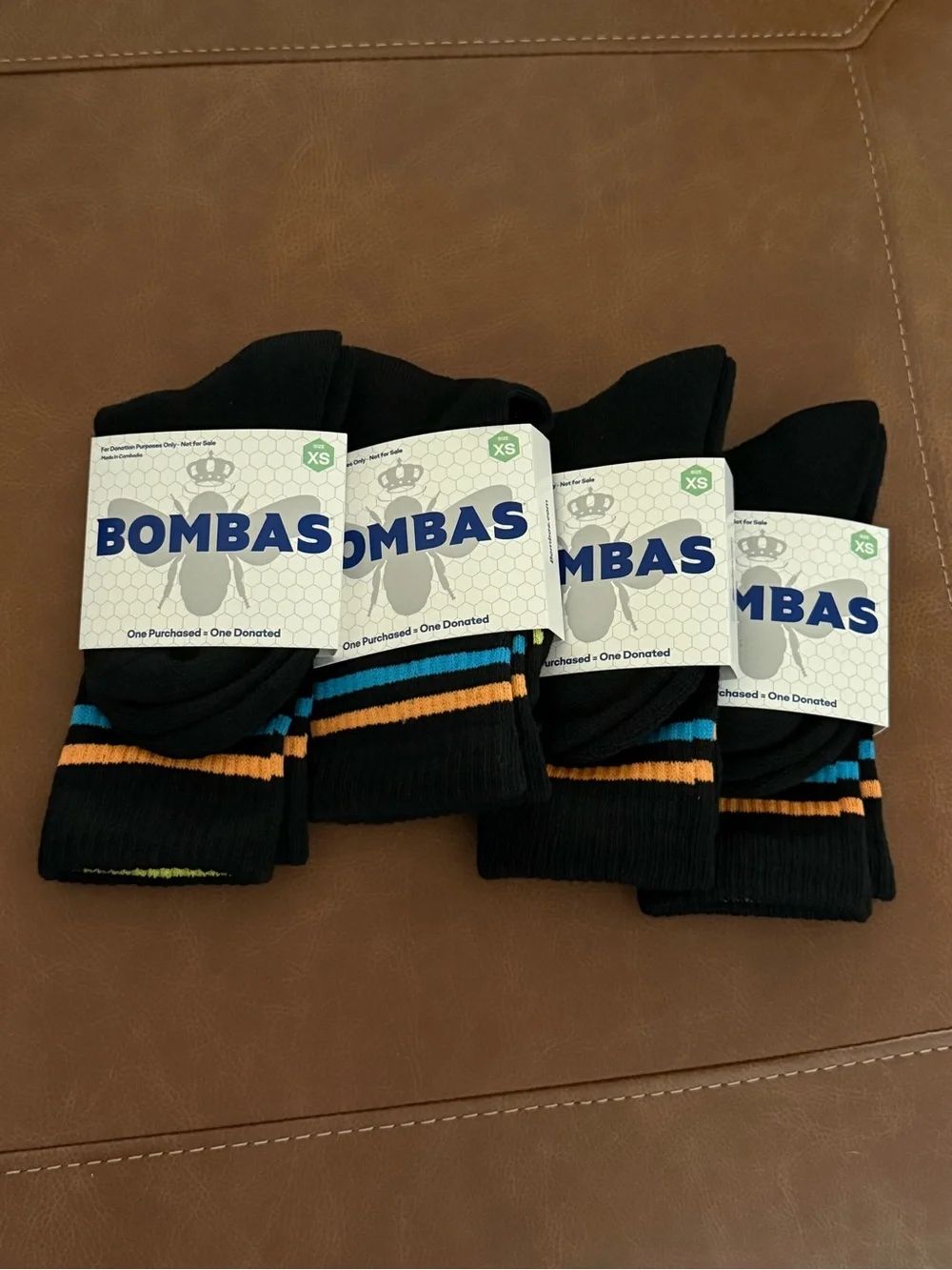 Bombas Kid’s XS Black Ankle Socks with Blue & Orange Stripes - 4 pairs for $28